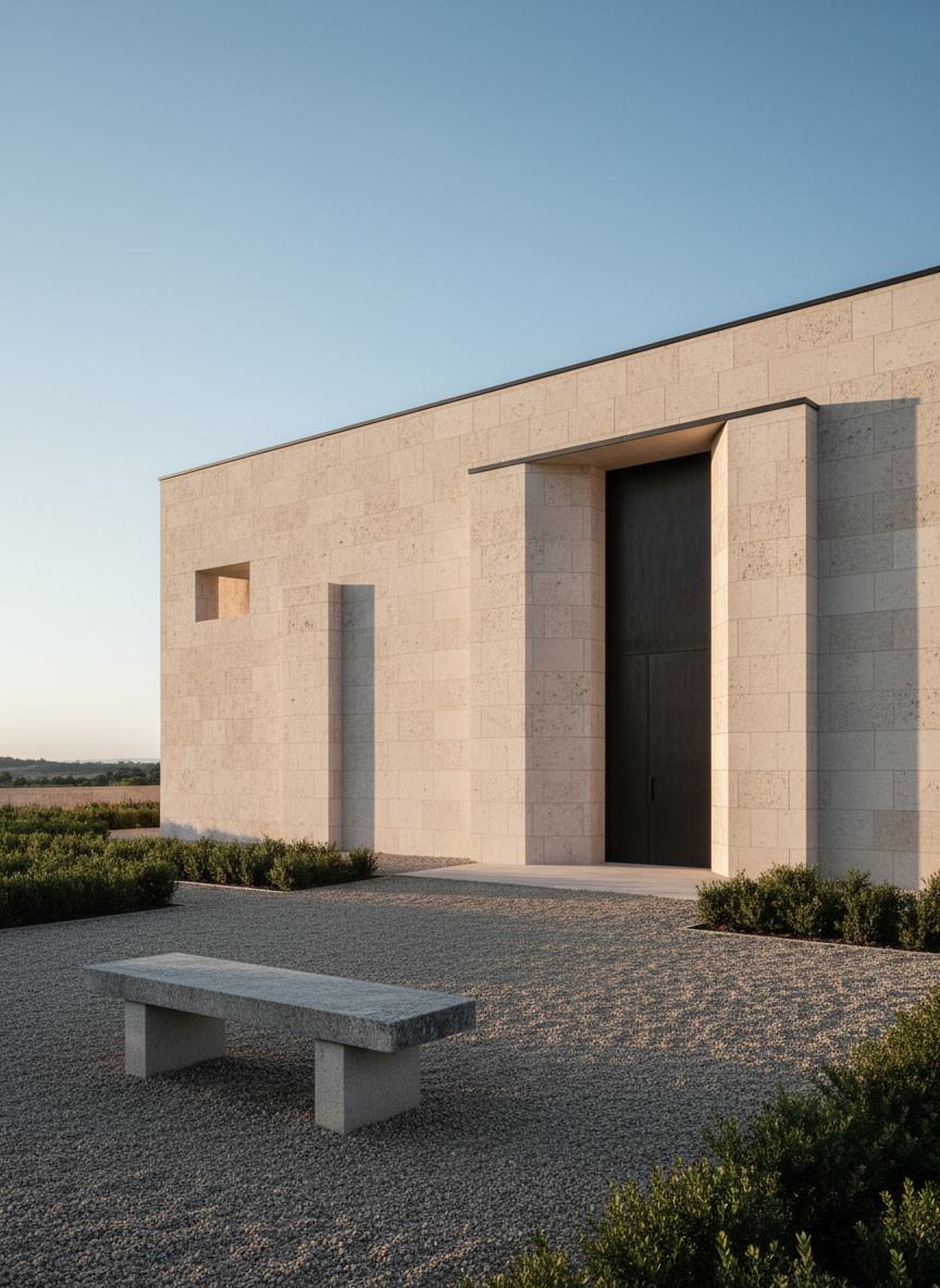 A solitary stone bench in front of a minimalist, modern chapel façade, constructed of pale limestone with clean, geometric lines. The bench, slightly weathered and cool gray, sits on a simple gravel courtyard framed by sparse, low hedges. Late afternoon light creates long, precise shadows that accentuate the architecture’s angles and the subtle textures of the stone. The photographic composition is wide and cinematic, with the chapel door placed on the right third of the frame, the bench in the left foreground, and a clear, pale blue sky overhead. The mood is serene and contemplative, suggesting a quiet space for encountering God in silence and thought, with no religious clichés or human figures, only form, light, and space.