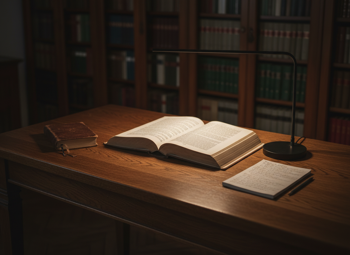 A heavy oak study table neatly arranged with classic theological tools: a Latin breviary, an open volume of Thomas Aquinas with fine, crisp typography, and a slim, marked-up notebook. A simple metal reading lamp casts warm, focused light onto the central pages, leaving the periphery of the room in soft shadow. In the blurred background, tall bookcases rise, filled with indistinct hardcovers in muted tones. Photographic realism emphasizes the grain of the wood, the texture of the paper, and the cool sheen of the lamp. Shot from a slightly elevated three-quarter angle with moderate depth of field, the scene conveys rigorous, honest inquiry and a disciplined search for truth within the Catholic intellectual tradition, without any visible people or overt devotional objects.