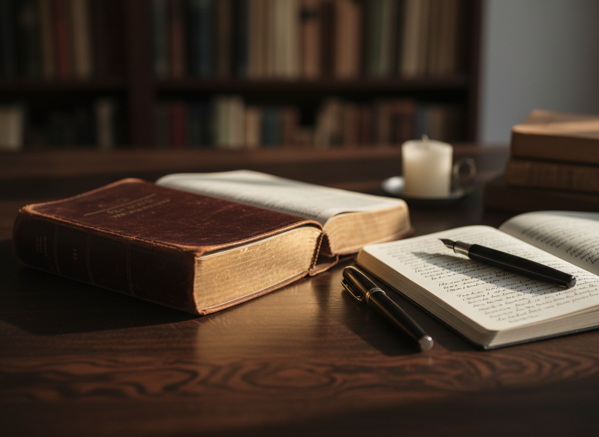 A worn but dignified leather-bound Bible, its edges slightly frayed and gilded pages softly reflecting light, lies open on a dark wooden desk. Beside it rests a simple fountain pen and a notebook filled with neat, handwritten reflections, all in sharp photographic realism. Soft morning light enters from an unseen window to the left, casting gentle shadows and delicate highlights across the textured leather and wood grain. The background is subtly blurred: shelves of indistinct books and a small, unlit candle, evoking contemplation rather than sentimentality. Captured at eye level with a shallow depth of field and a rule-of-thirds composition, the atmosphere feels quiet, thoughtful, and intellectually serious, inviting theological study and prayerful reflection without any human figures present.