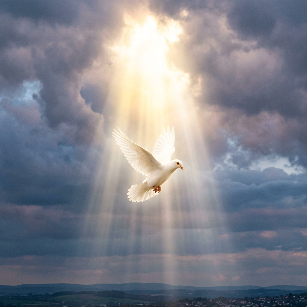 White dove in flight with sun rays shining through clouds