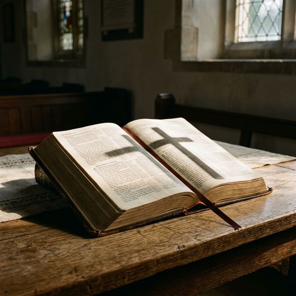 Open Bible on table with shadow of cross on pages
